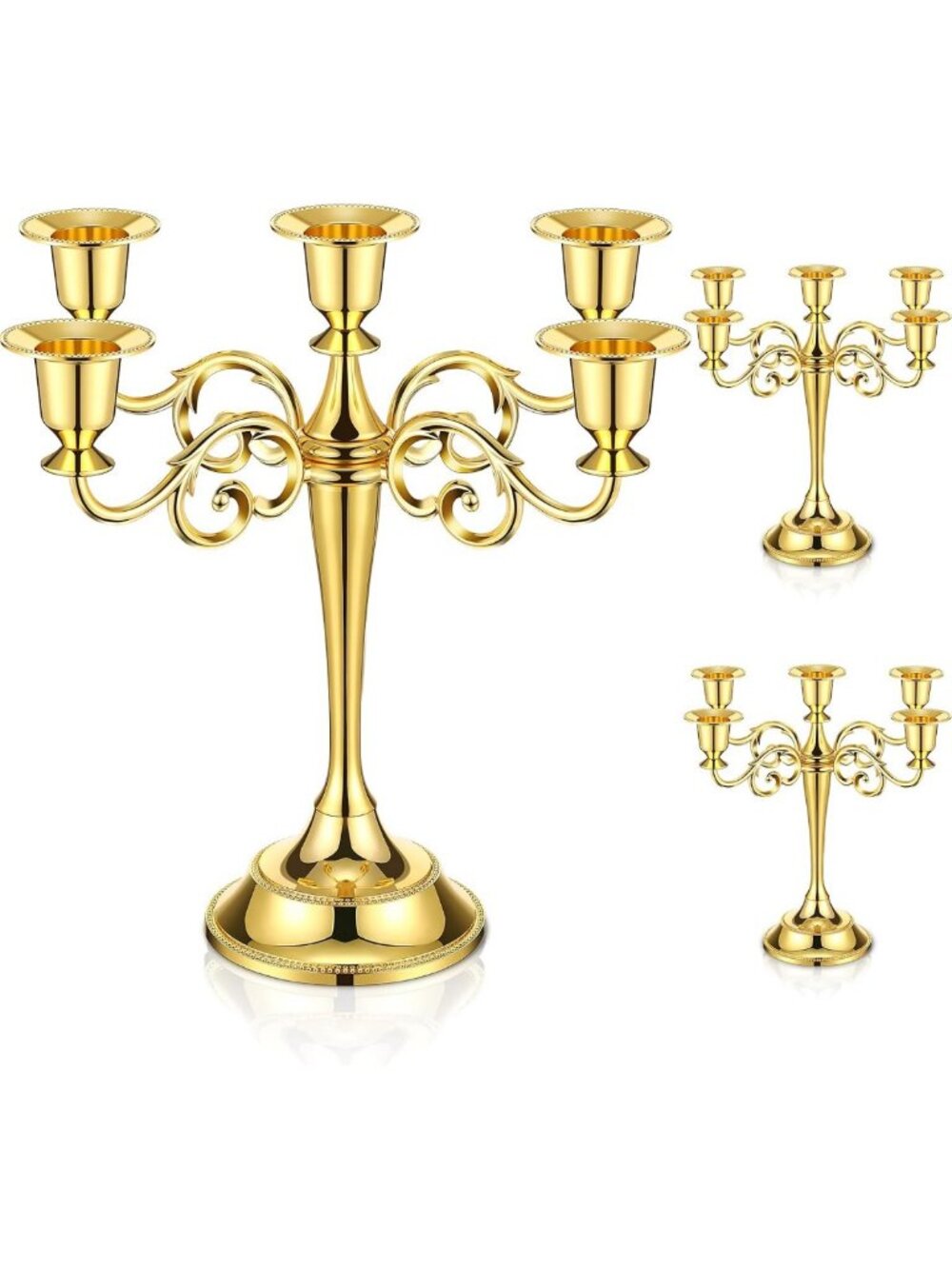 Elegant Gold 5 Arm Metal Candelabra Set - 10.24" Tall Candle Holders, 3 Pcs